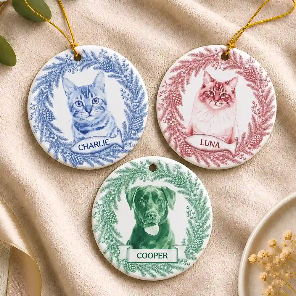 Art Design,Christmas,Cozy,Pet Lovers,Photo - Porcelain Art Style - Custom Photo Single-Color Watercolor Loving Dog Cat Pet Portrait - Personalized Circle Ceramic Ornament