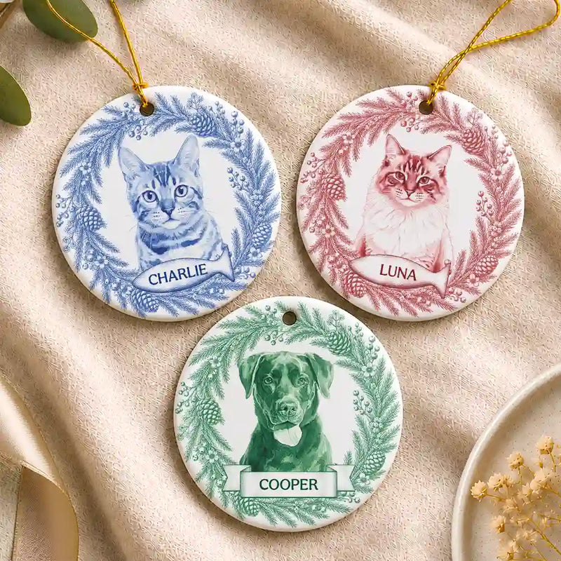 Art Design,Christmas,Cozy,Pet Lovers,Photo - Porcelain Art Style - Custom Photo Single-Color Watercolor Loving Dog Cat Pet Portrait - Personalized Circle Ceramic Ornament
