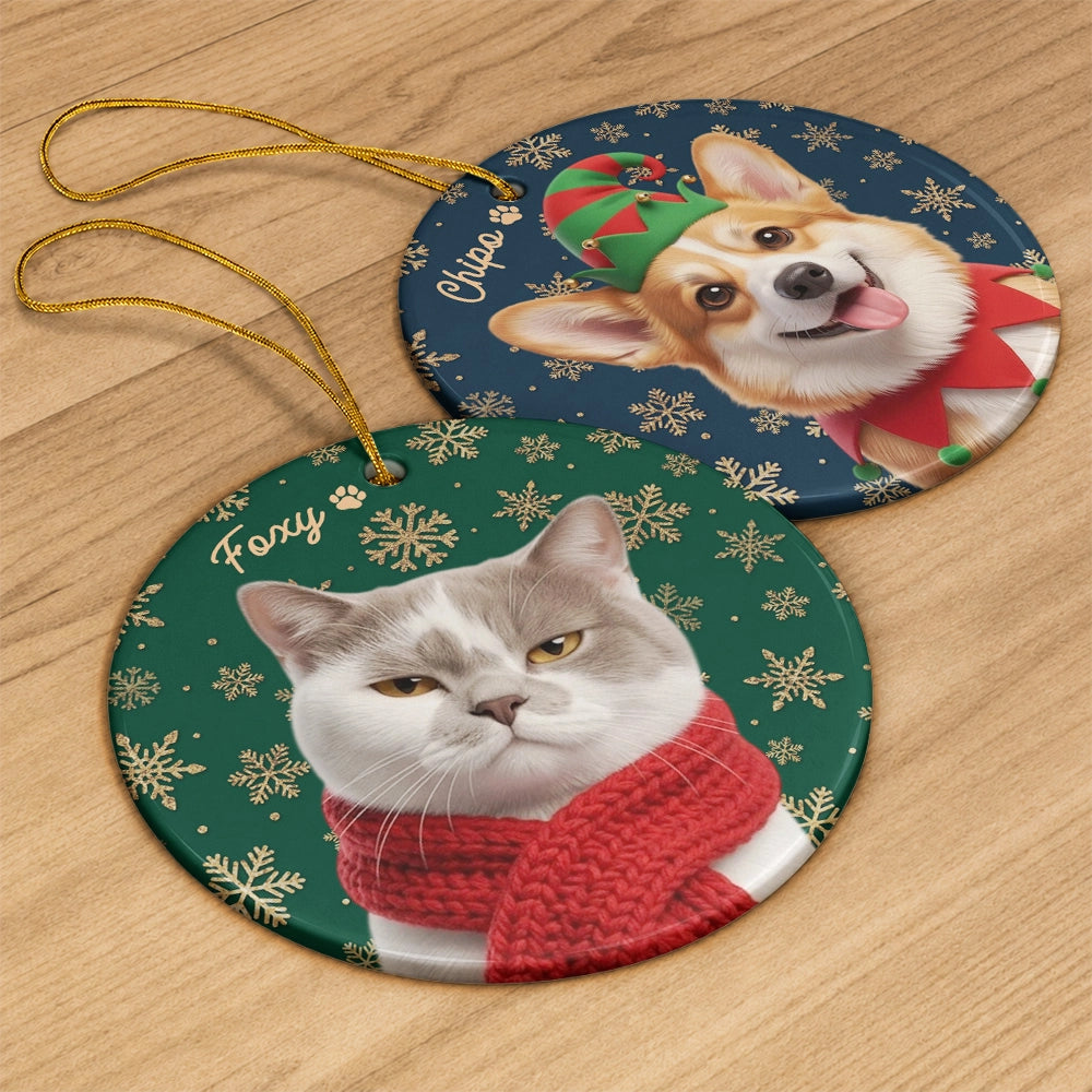 Art Design,Christmas,Custom Photo,Indoor Decor,Pet Lovers,Photo - Christmas Accessories 3D Cartoon Pet,Playful - Christmas Gift For Dog Cat Lovers - Personalized Custom Photo Snowflake Pet Portrait And Name Circle Ceramic Ornament