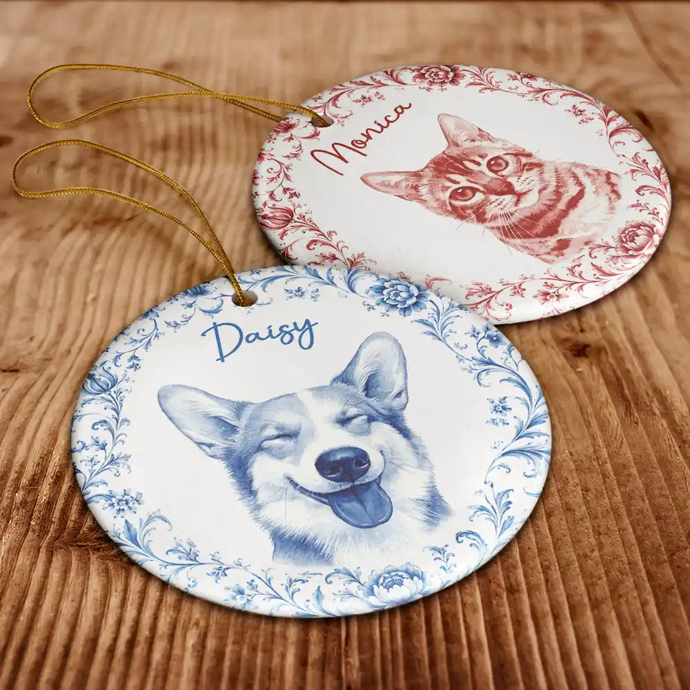 Art Design, Christmas, Cozy, Pet Lovers, Photo - Porcelain Art Style - Custom Photo Single-Color Watercolor Loving Dog Cat Pet Portrait - Personalized Circle Ceramic Ornament