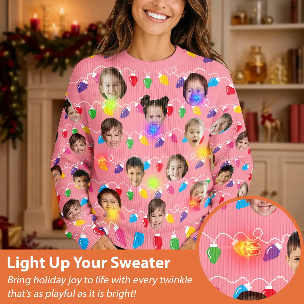 Family - Custom Photo Funny Kid Face Christmas Light - Personalized Unisex Ugly Sweater