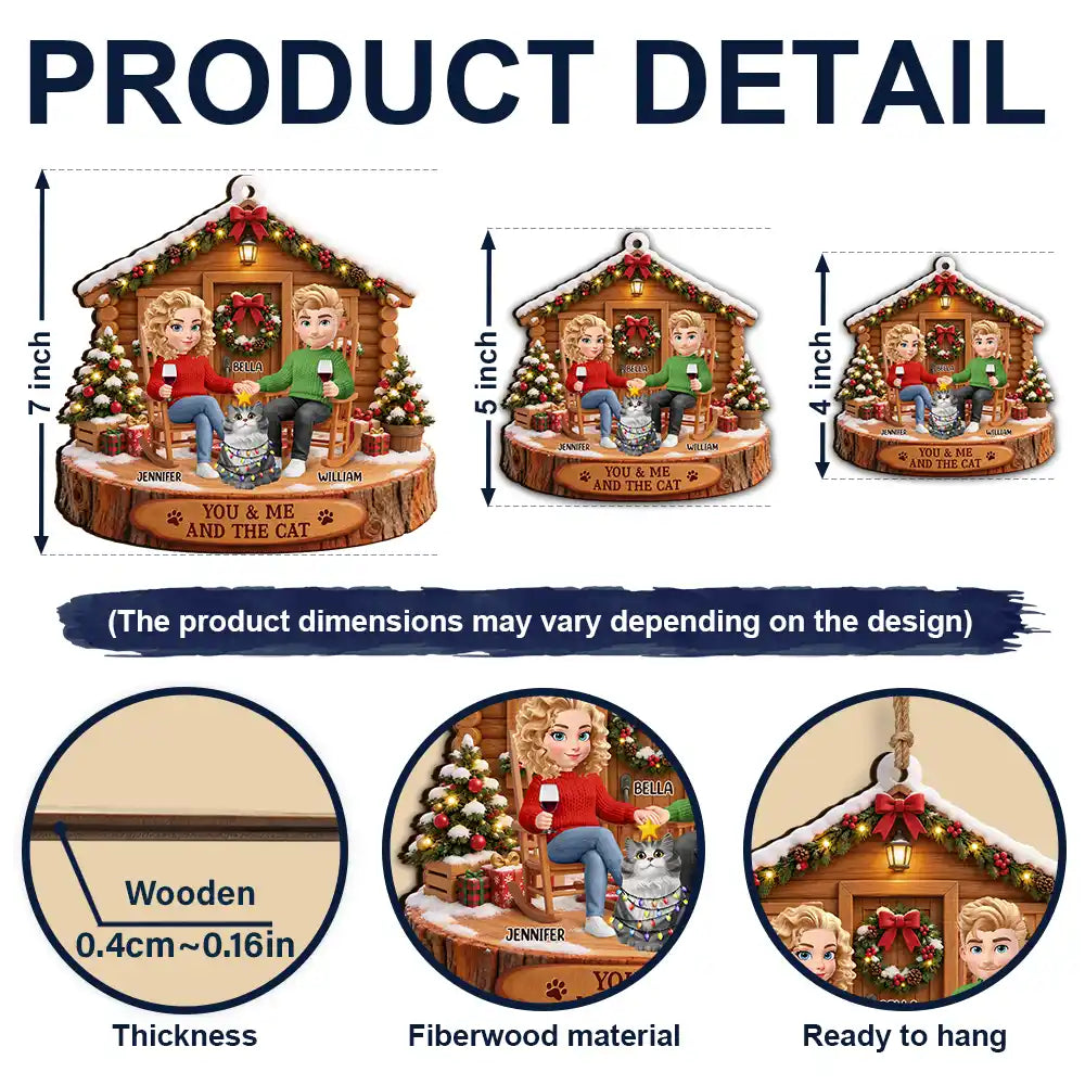 Christmas, Gift For Couples, Pet Couple, Pet Lovers, Romantic, Vector - Christmas Gift For Pet Couples - Personalized You & Me And The Cat Wooden Ornament