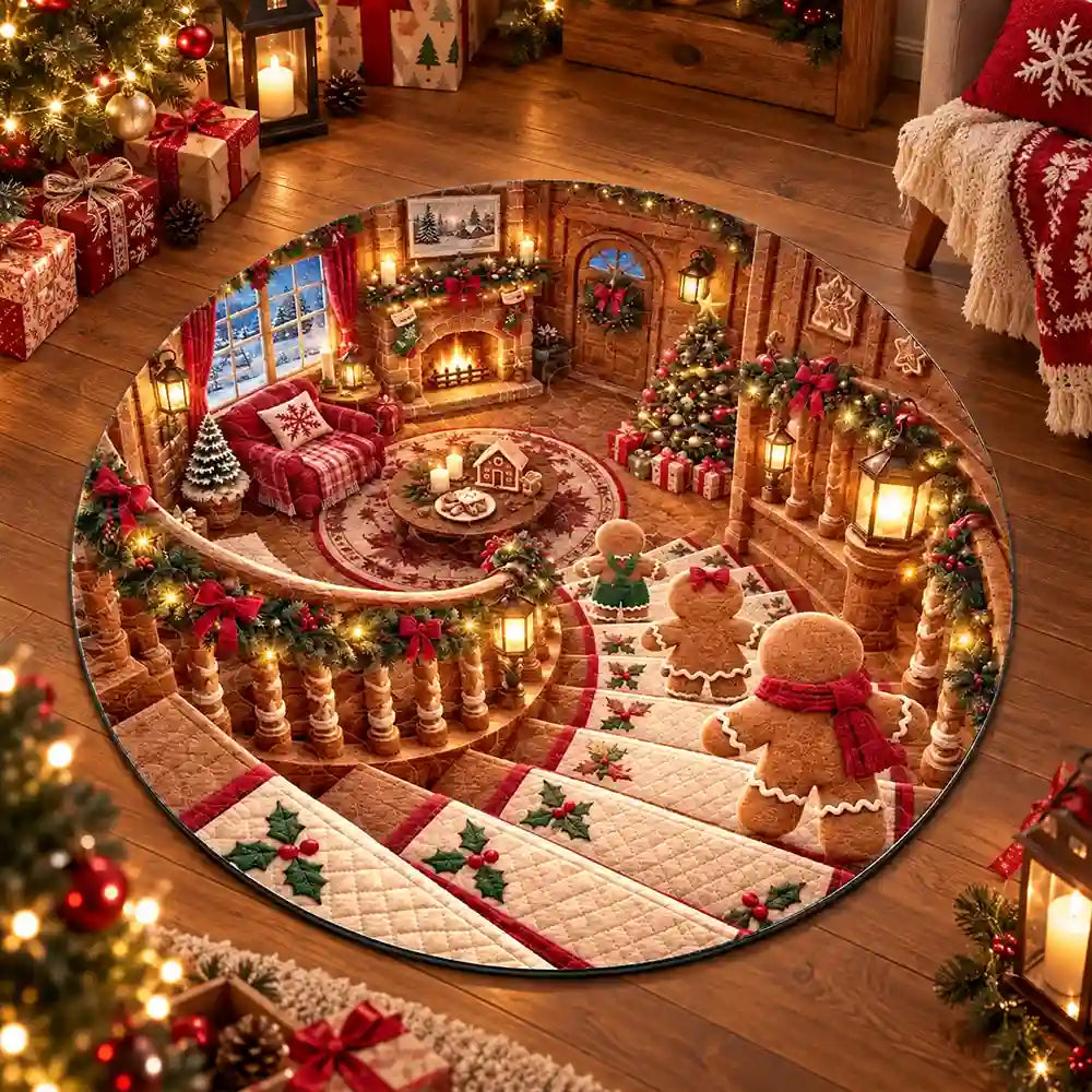 Top Market,Playful,Christmas,Family,Icon - Santa Gingerbread Elf Gnome Christmas Theme Faux Quilt Effect Gift Home Decor For Family - Personalized Custom Shaped Rug