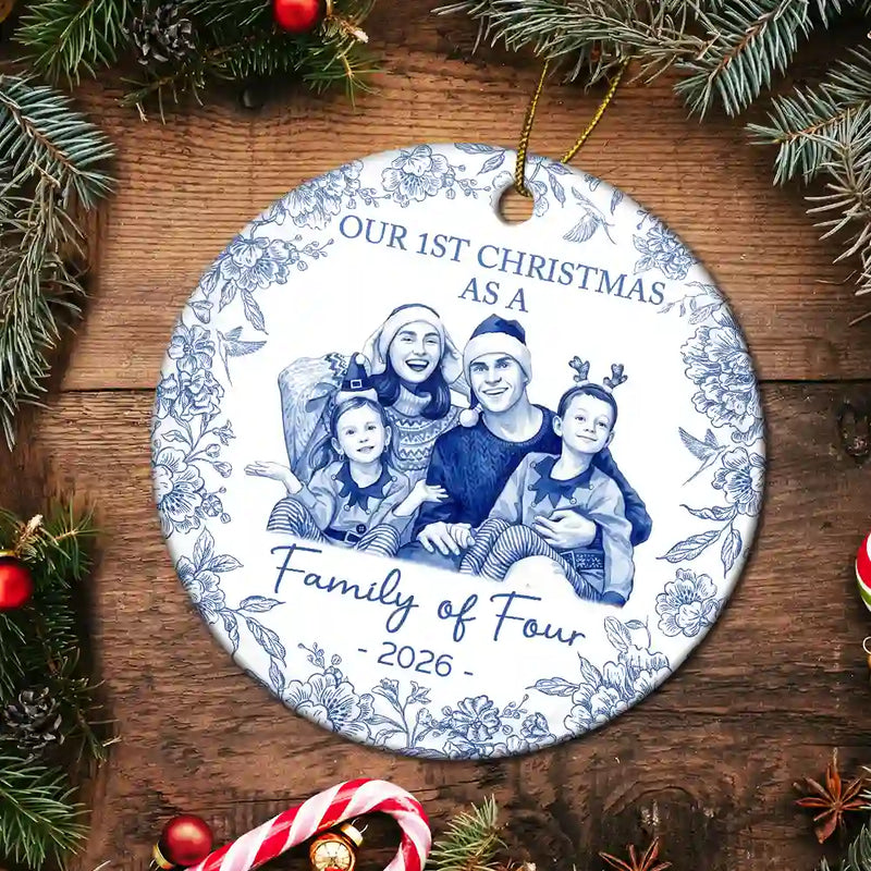 Art Design,Christmas,Family,Photo - Porcelain Art Style,Happy - Custom Photo Single-Color Watercolor First Christmas As A Family Of Four - Personalized Circle Ceramic Ornament