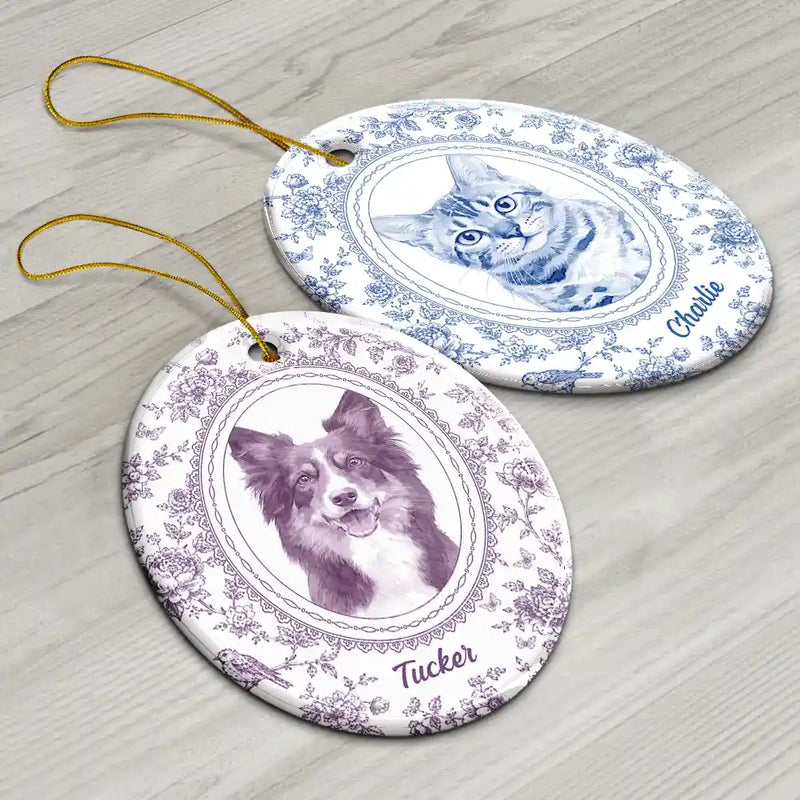 Art Design,Christmas,Cozy,Pet Lovers,Photo - Porcelain Art Style- Custom Photo Single-Color Watercolor Loving Dog Cat Pet Family Portrait - Personalized Oval Ceramic Ornament