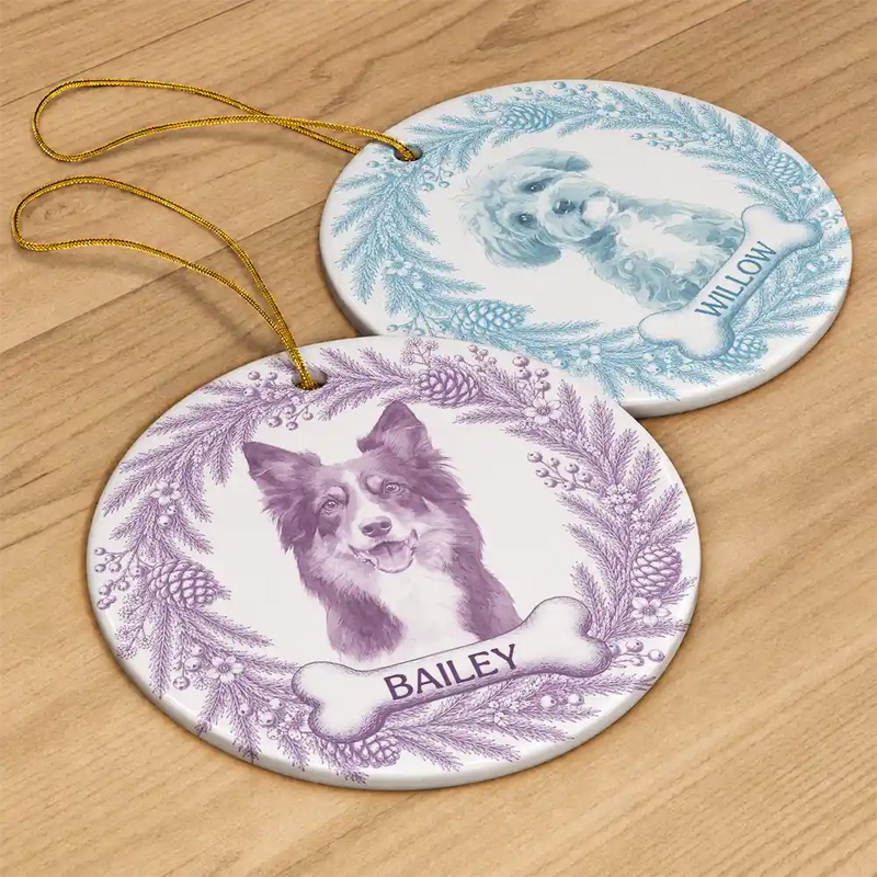 Art Design,Christmas,Cozy,Pet Lovers,Photo - Porcelain Art Style - Custom Photo Single-Color Watercolor Loving Dog Cat Pet Portrait - Personalized Circle Ceramic Ornament