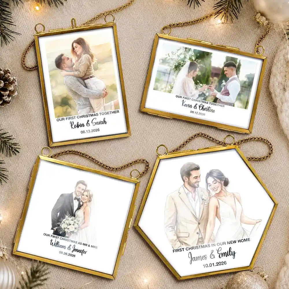 Art Design,Christmas,Custom Photo,First Christmas,Gift For Couples,Married Couple,Photo - Watercolor - Remove BG,Romantic,Top Market - Our First Christmas Couple - Personalized Custom Photo Watercolor Metal Frame Ornament