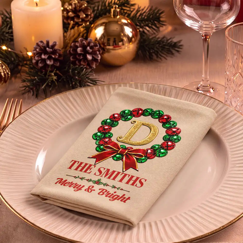 Christmas, Family, Icon, Sentimental, Top Market - Christmas Home Decor Gift For Family - Personalized Family Name & Monogram In Holly Wreath Reusable Napkin