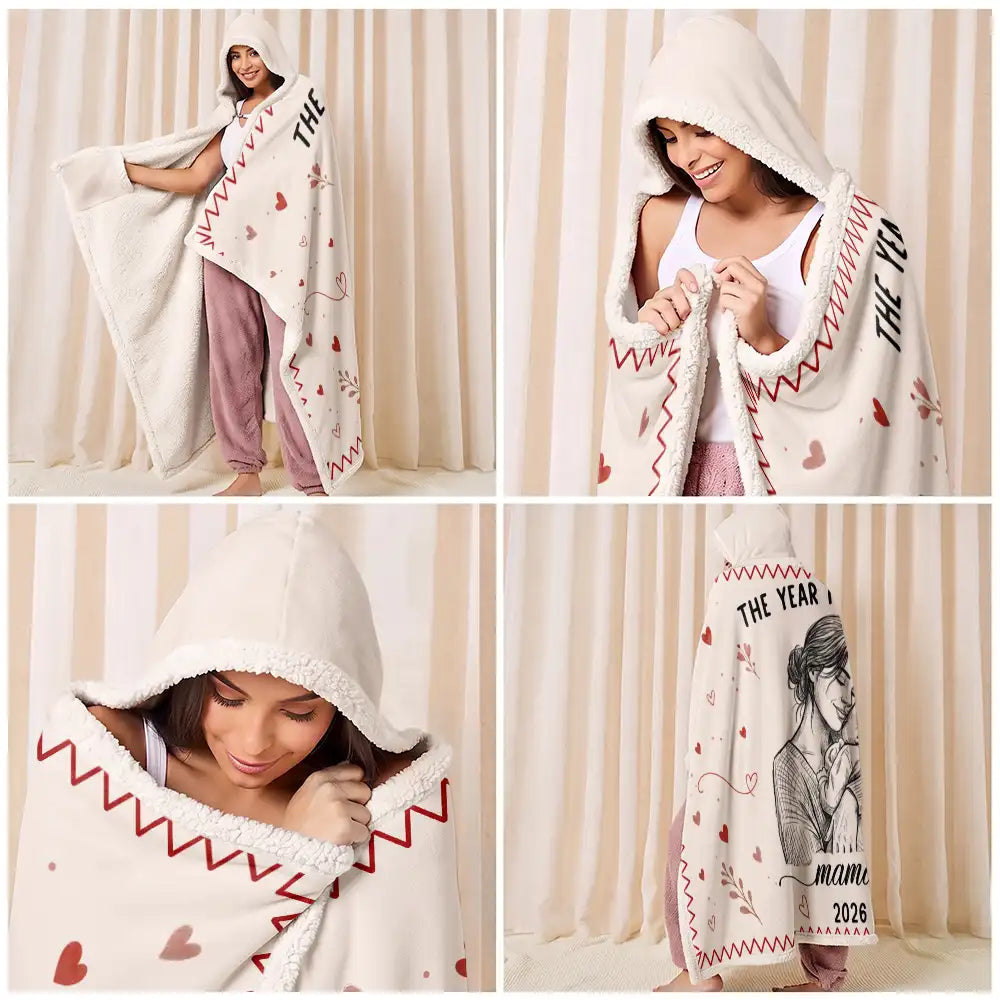 Art Design,Christmas,Custom Photo,First Christmas,Gift For Mother,Gifts For Her,Happy,New Baby,New Mom,Photo - Pencil Sketch - Remove BG - Gift For New Mom - Personalized Custom Photo Pencil Sketch The Year I Became A Mama Wearable Hooded Blanket