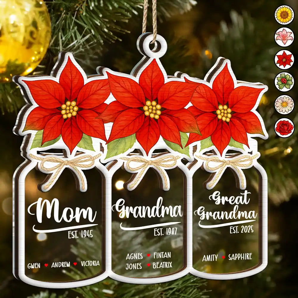 Flower Mason Jar Mom Grandma Great Grandma - Personalized 2-Layered Mix Ornament
