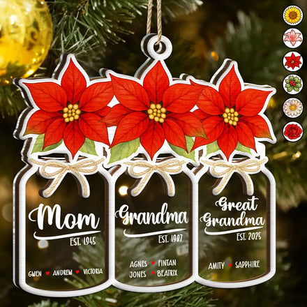 Flower Mason Jar Mom Grandma Great Grandma - Personalized 2-Layered Mix Ornament