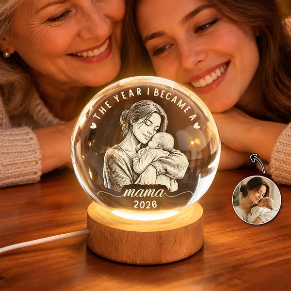 Art Design,Christmas,Custom Photo,First Christmas,Gift For Mother,Gifts For Her,Happy,New Baby,New Mom,Photo - Pencil Sketch - Dark BG - White BG - Gift For New Mom - Personalized Custom Photo Pencil Sketch The Year I Became A Mama Crystal Globe Lamp