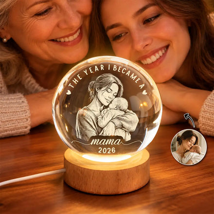 Gift For New Mom - Personalized Custom Photo Pencil Sketch The Year I Became A Mama Crystal Globe Lamp