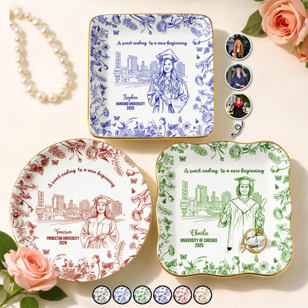 Graduation,Gift For Yourself,Gift For Women,Happy - Custom Photo Pencil Sketch Graduation A Sweet Ending To A New Beginning - Personalized Ring Dish