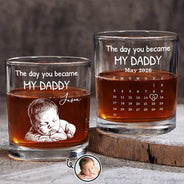 Custom Photo,New Dad,New Mom,New baby,Gift For Father,Non-Eng,Photo - Pencil Sketch (Dark BG),Calendar,Adorable - Custom Photo White Pencil Sketch Art Calendar The Day You Became My Mom Dad - Personalized Whiskey Glass