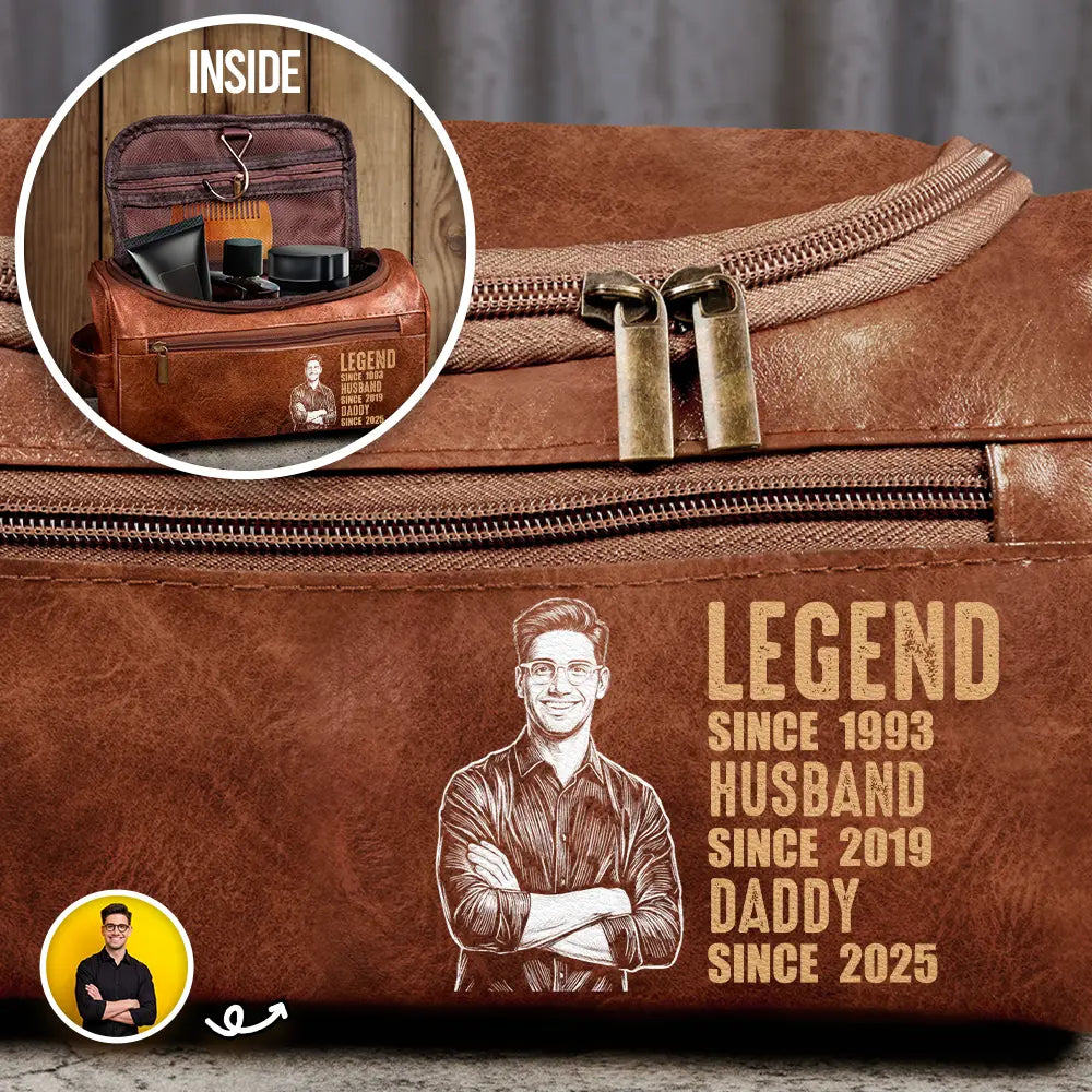 Custom Photo,Gift For Father,Gift For Grandpa,Happy,Photo - Pencil Sketch (Dark BG) - Custom Photo White Pencil Sketch Art Legend Husband Daddy Since - Personalized Leather Toiletry Bag