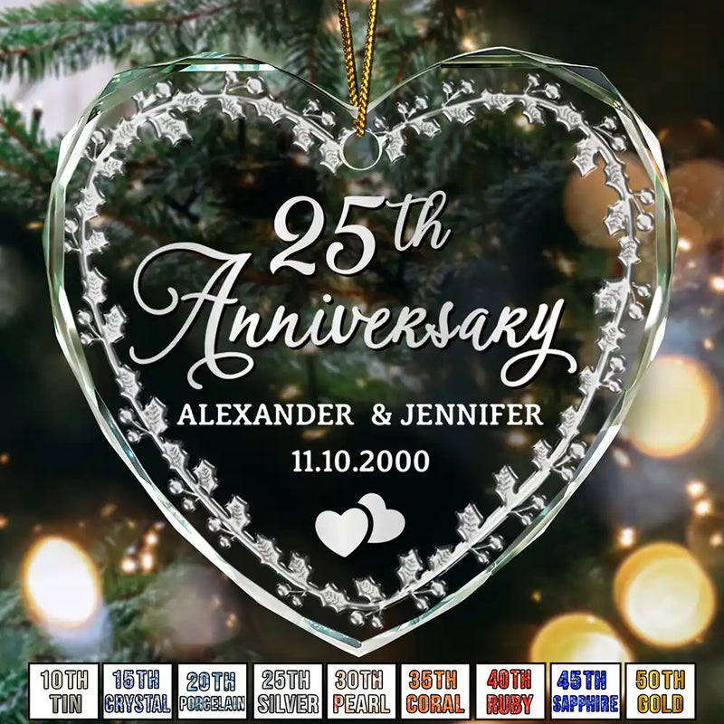 Gift For Couples,Gift For Husband,Gift For Wife,Old Couples,Married ,Wedding Anniversary,Anniversary,Christmas,Love - Married Couple Wedding Anniversary Milestones - 3D Precious Stone And Metal Effect Printed, Personalized Heart Shaped Glass Ornament