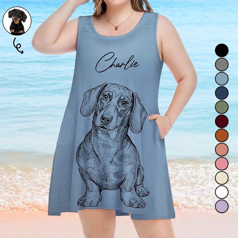 Custom Photo,Beach,Art Design,Summer,Pet Lovers,Playful,Photo - Pencil Sketch - Remove BG - Custom Photo Pencil Sketch Woman Dog Cat Funny Portrait - Personalized Sleeveless Tank Dress