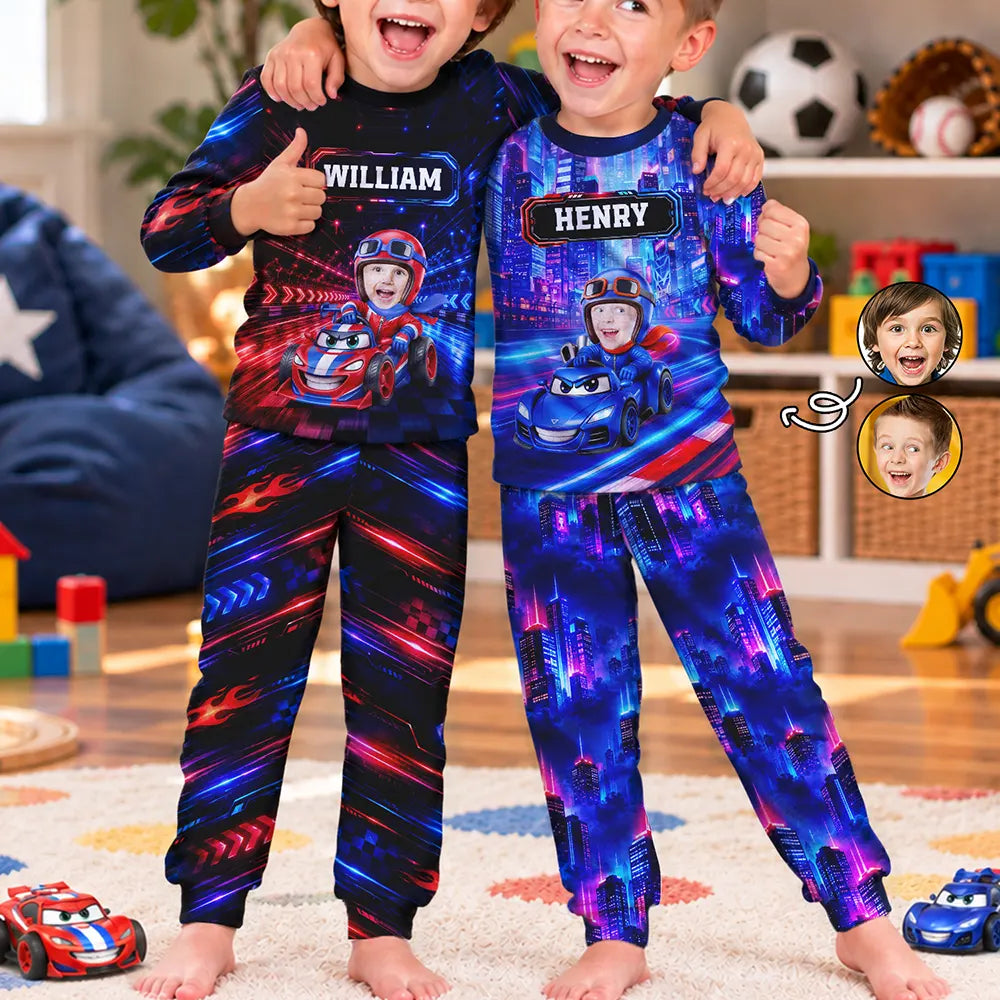 Car,Christmas,Custom Photo,Cut-Face Photo,Gift For Kids,Playful,Top Market,Truck - Gift For Kids Boys - Personalized Custom Photo Photo & Name Race Car Driver With Lightning Kid Pajamas Set
