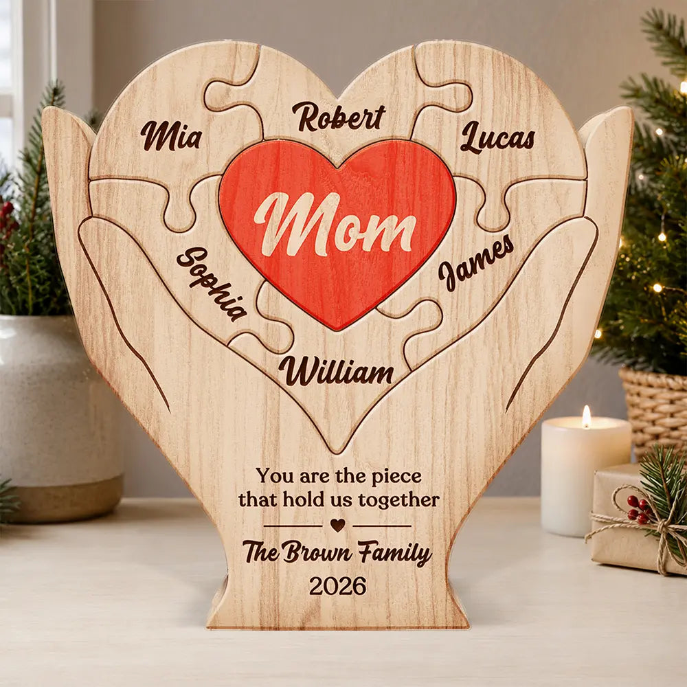 Christmas Holidays Birthday Gift For Mom Bonus Mom - Personalized Hands Hold Heart Shaped Wooden Puzzle