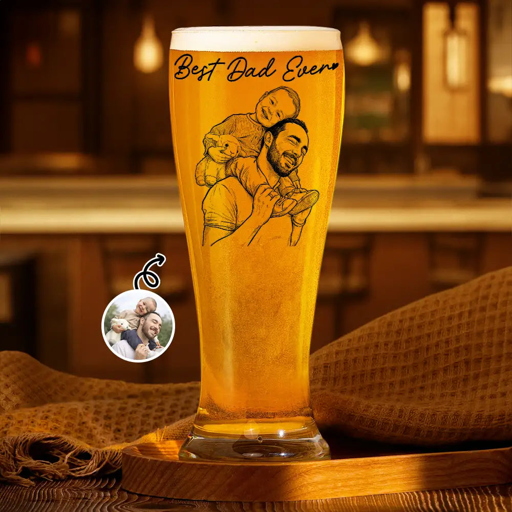 Gift For Father,Gift For Grandpa,Non-Eng,Photo - Pencil Sketch (Bold),Proud - Custom Photo Bold Sketch Best Dad Grandpa Ever Family Portrait - Personalized Pilsner Glass