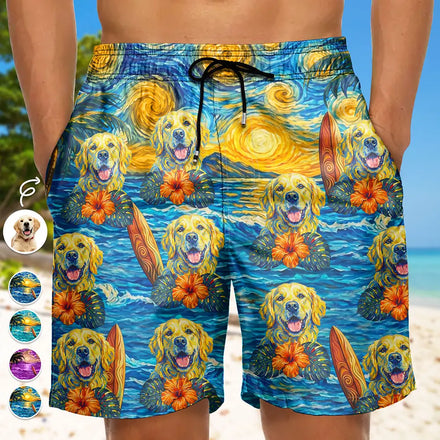 Custom Photo Starry Night Tropical Pattern Dog Cat Kid - Personalized Unisex Beach Shorts