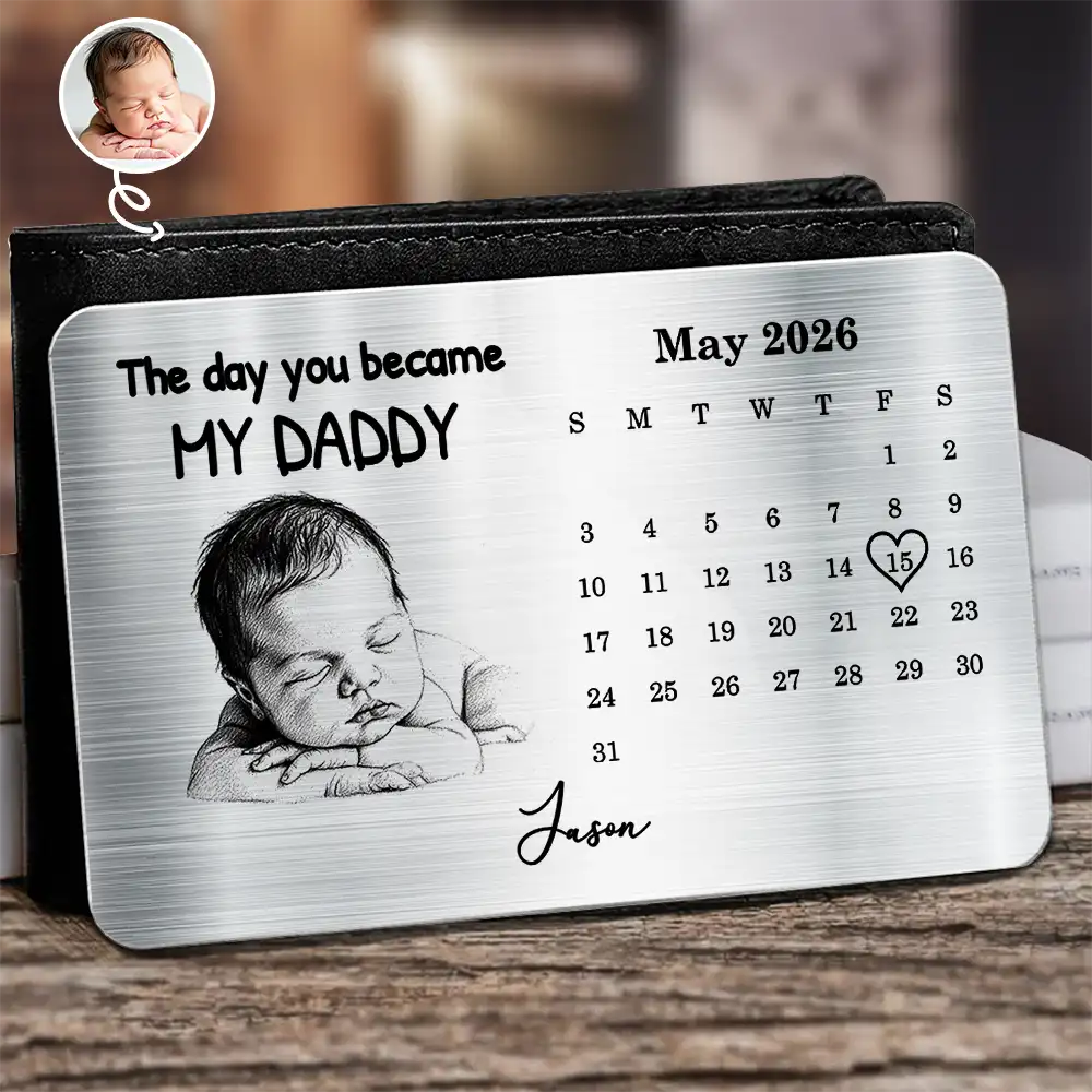 Custom Photo,New Dad,New Mom,New baby,Gift For Father,Non-Eng,Photo - Pencil Sketch,Calendar,Adorable - Custom Photo Pencil Sketch Calendar The Day You Became My Mom Dad - Personalized Aluminum Wallet Card