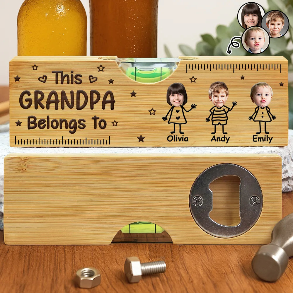 Gift For Father,Gift For Grandpa,Happy,Non-Eng,Photo,Icon,Humorous - Custom Photo This Grandpa Grandma Belongs To Kids Pet - Personalized Bottle Opener Wood Level