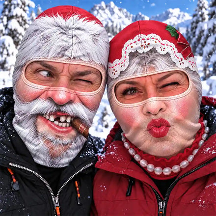 Winter Skiing Gag Gift For Husband, Matching Gear For Couple - Personalized 3D Realistic Funny Santa And Mrs. Clause Balaclava Face Mask