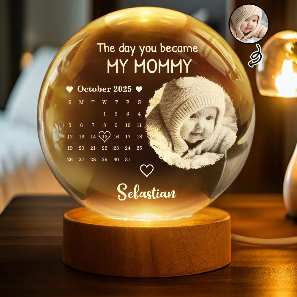 Custom Photo Calendar The Day You Became My Mommy - Personalized Crystal Globe Lamp
