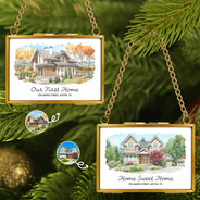 Art Design,Christmas,Family,Photo - Watercolor - With BG,Happy - Custom Photo Watercolor Painting First Christmas In Our New Home - Personalized Metal Frame Ornament