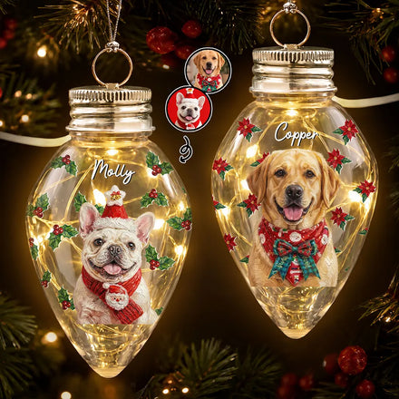 Christmas Gift For Dog Lovers - Personalized Custom Photo & Name Pet Dog Portrait With Holly Snowflake Poinsettia Chili Bulb LED Light