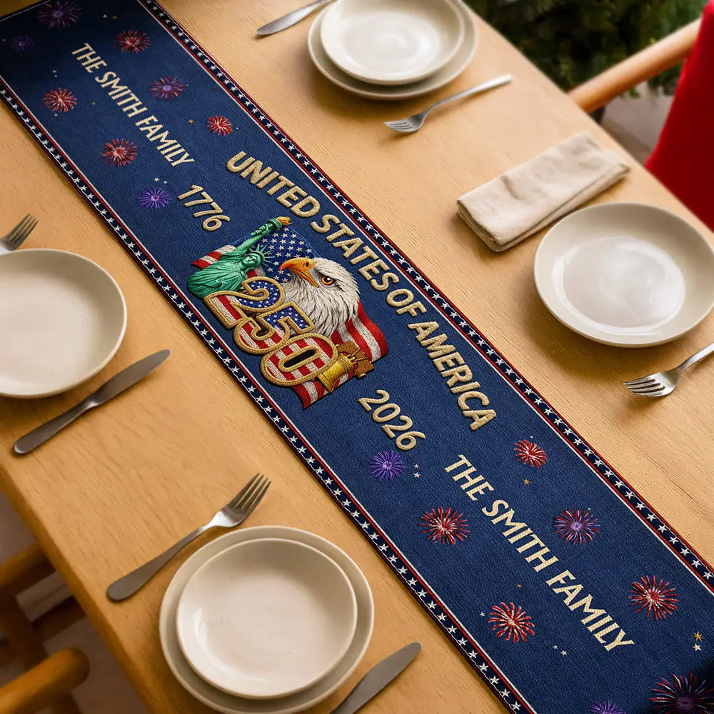 Independence Day,America 250th,Family,Proud - Faux Embroidery Effect America 250th Anniversary Family Name - Personalized Table Runner