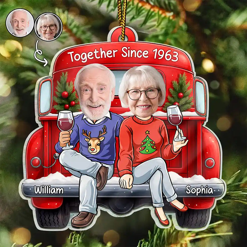 Gift For Couples,Old Couples,Funny,Christmas,Gift For Husband,Gift For Wife - Custom Photo Together Since Funny Couple Red Truck - Personalized Custom Shaped Acrylic Ornament