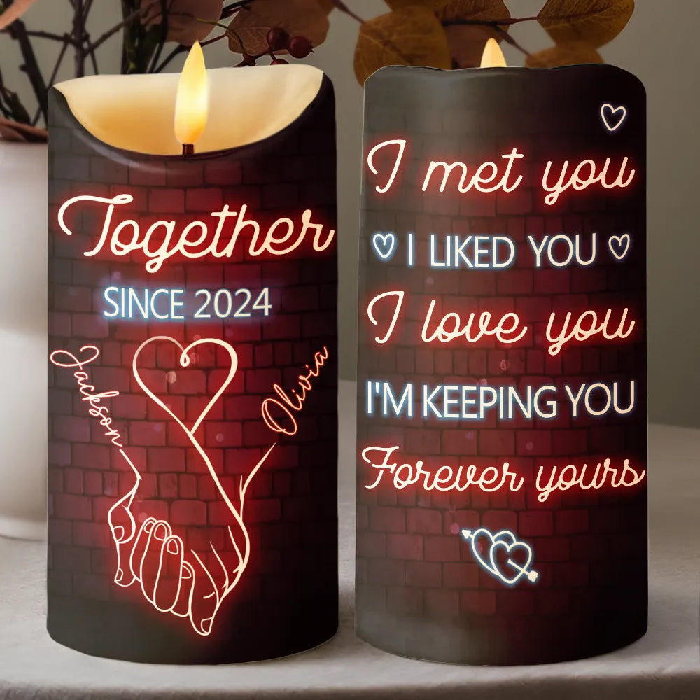 Gift For Couples, Gift For Husband, Gift For Wife, Gift For Boyfriend, Gift For Girlfriend - I Met You I Like You Neon Couples - Personalized Flameless LED Candle