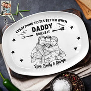 Gift For Father,Custom Photo,Grilling,Art Design,Proud,Photo - Pencil Sketch - Bold - Custom Photo Bold Sketch Everything Tastes Better When Grandpa Daddy Grills It - Personalized Plate