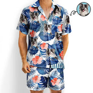Gift For Husband,Gift For Boyfriend,Gift For Yourself,Parents,Gift For Men,Gift For Father,Gift For Grandpa,Pet Lovers,Pet Dad,Dog Lovers,Dog Dad,Cat Lovers,Cat Dad,Non-Eng,Photo,Playful - Custom Photo Tropical Leaves Pattern With Family Pet Face - Personalized Hawaii Set Shirt And Shorts