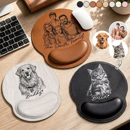 Custom Photo Bold Sketch Portrait Family Pet Besties Couples - Personalized Leather Mouse Pad