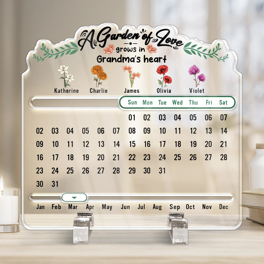 Family, Christmas, Gift For Mother, Gift For Grandma, Gift For Aunt - A Garden Of Love Grows In Heart - Personalized Acrylic Perpetual Desk Calendar