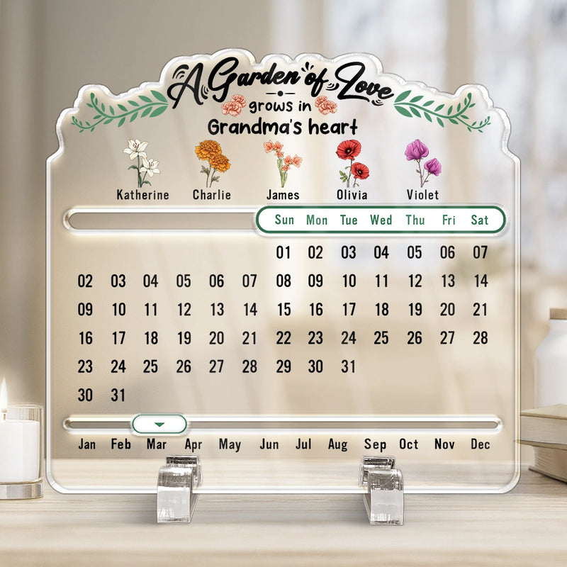 Family, Christmas, Gift For Mother, Gift For Grandma, Gift For Aunt - A Garden Of Love Grows In Heart - Personalized Acrylic Perpetual Desk Calendar