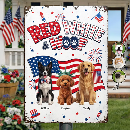 Custom Photo 3D Cartoon With US Accessories Red White Woof - Personalized Classic Metal Signs