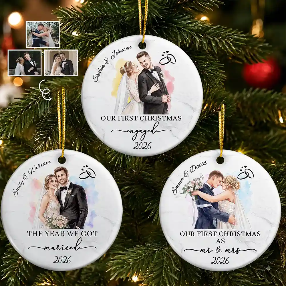 Art Design,Christmas,Married Couple,Romantic,Gift For Couples,Photo - Watercolor - Remove BG - Custom Photo Realistic Watercolor Art First Christmas Married Couple Newly Wed - Personalized Circle Ceramic Ornament