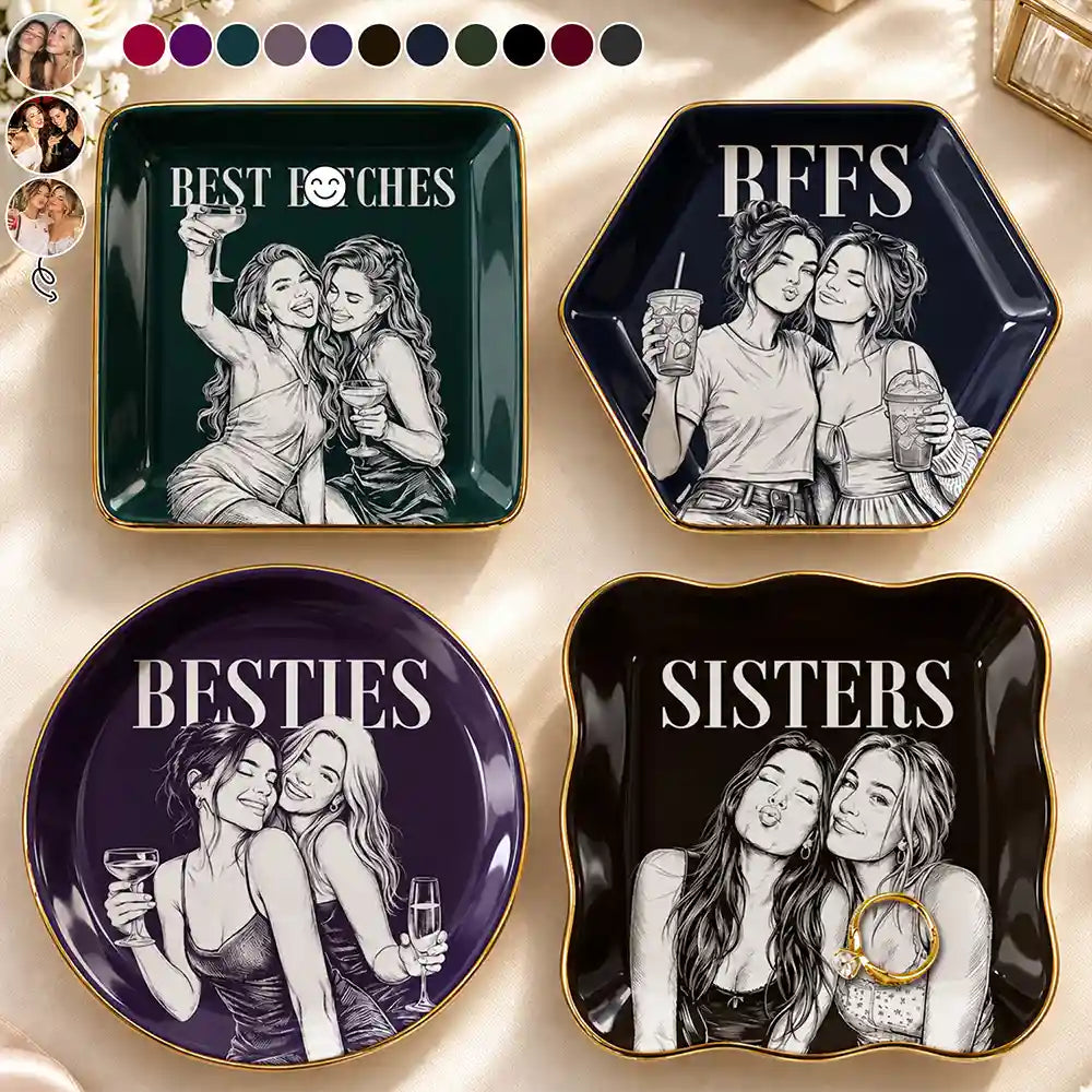 Afro Besties,Art Design,Christmas,Custom Photo,Gift For Bestie,Photo - Pencil Sketch - Dark BG,Sentimental,Top Market - Just Because Gift For Best Friend - Personalized Custom Photo Pencil Sketch Ring Dish