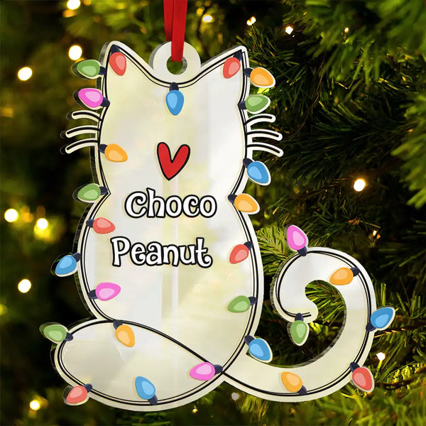 Cat Lovers, Cat Mom, Cat Dad, Happy, Christmas - Cat Shape Christmas Light Custom Name - Personalized Custom Shaped Mirror Ornament
