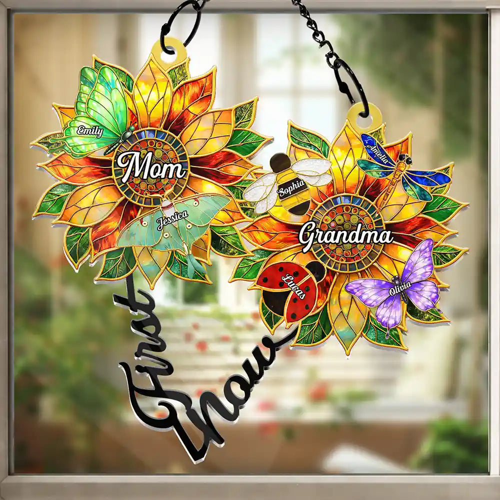 Gift For Grandma,Grandma - Grandkids,Grandma's Hobby,Gardening,Happy - First Mom Now Grandma Sunflower Stained Glass Effect - Personalized Window Hanging Suncatcher Ornament