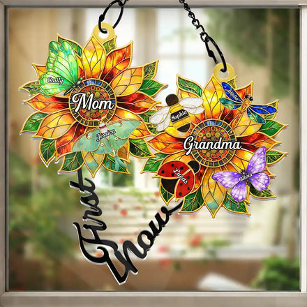 First Mom Now Grandma Sunflower Stained Glass Effect - Personalized Window Hanging Suncatcher Ornament
