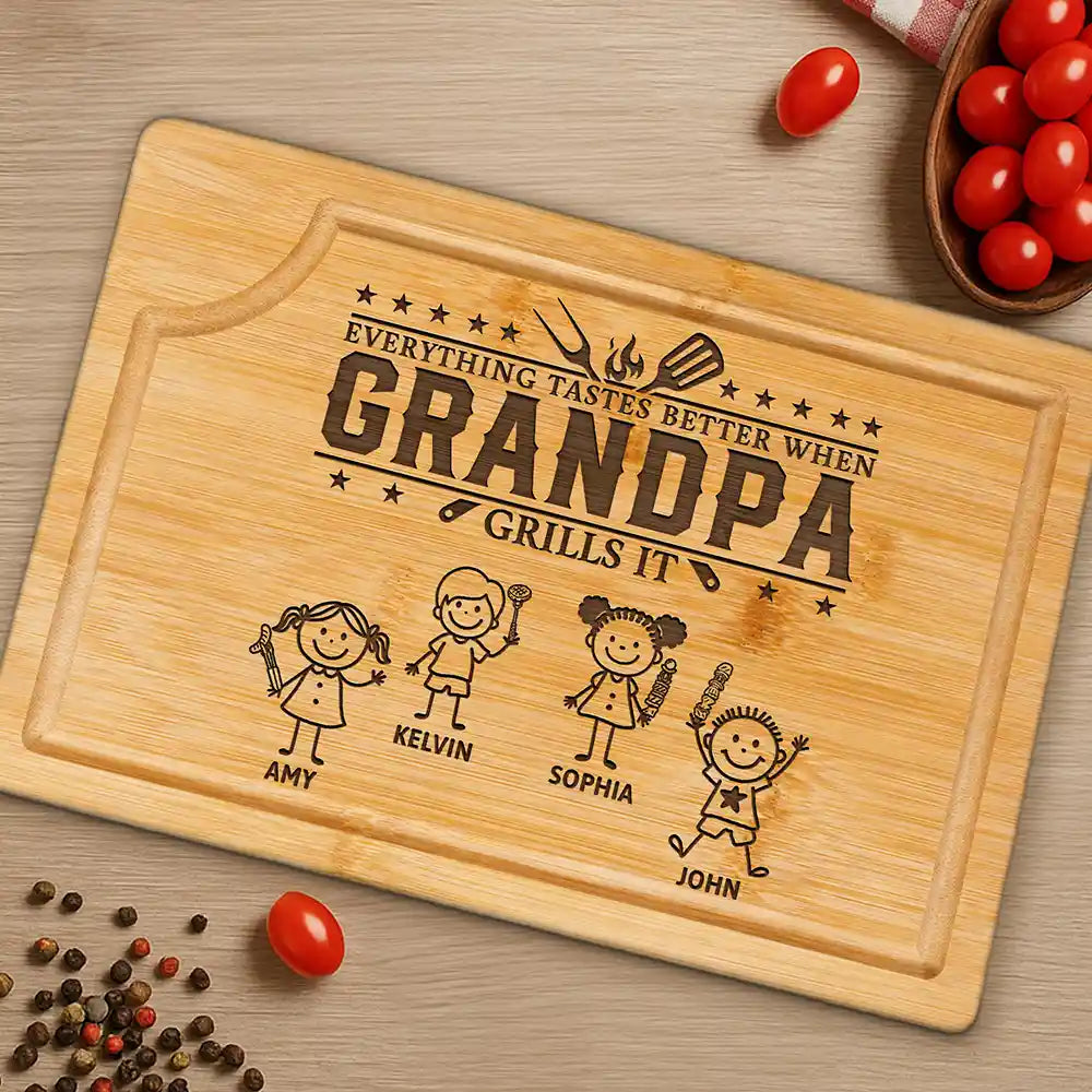 Everything Tastes Better When Grandpa Daddy Grills It - Personalized Wooden Cutting Board