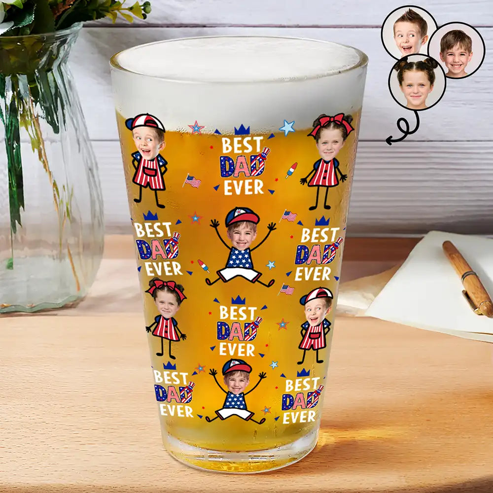 Gift For Father,Custom Photo,Independence Day,Top Market,Proud,Upload Photo - Custom Photo Stars & Stripes Best Dad Grandpa Ever - Personalized Beer Glass