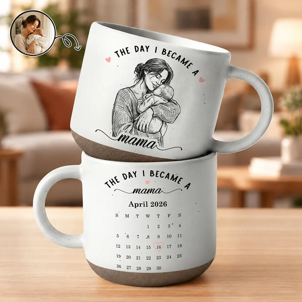 Art Design,Christmas,Custom Photo,First Christmas,Gift For Mother,Gifts For Her,Happy,New Baby,New Mom,Photo - Pencil Sketch - Bold - Gift For New Mom - Personalized Custom Photo Pencil Sketch Calendar The Day I Became A Mama Pottery Mug
