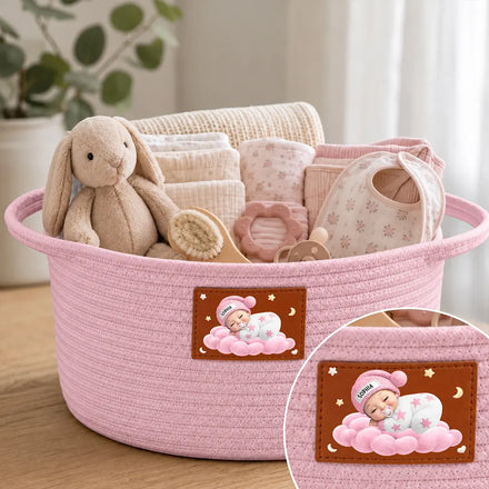 Baby Shower Gifts For New Mom, New Dad - Personalized Sleeping Baby Woven Rope Basket